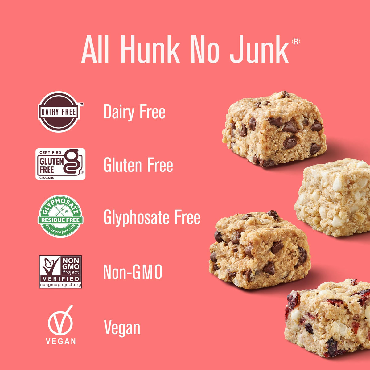 Heavenly Hunks oatmeal chocolate chip bar close-up, soft texture ideal for quick breaks.