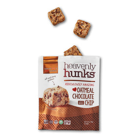 Heavenly Hunks ingredients label featuring oats, coconut, and chocolate chips