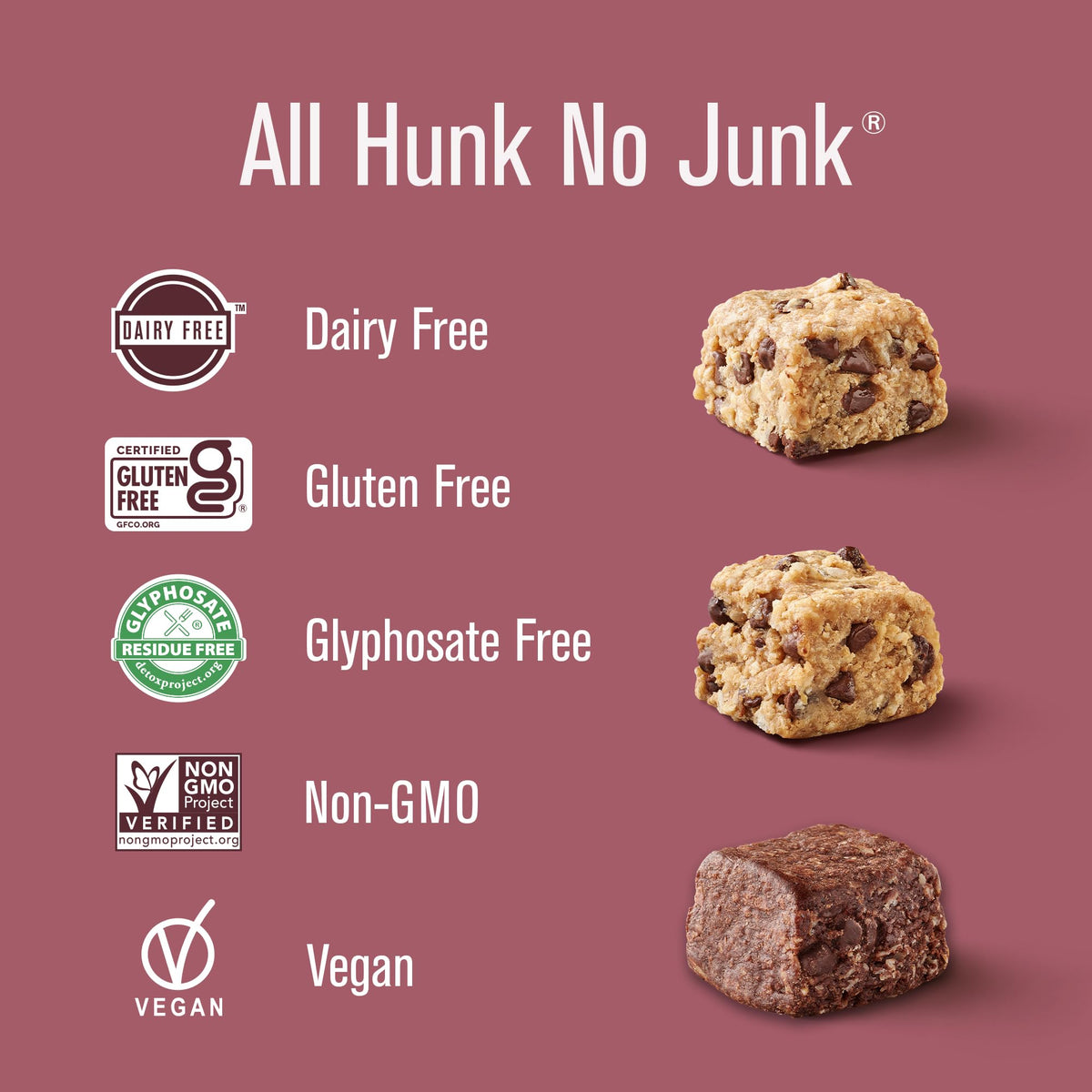 Heavenly Hunks oatmeal white chip hunks close-up, gluten-free and dairy-free ingredients.