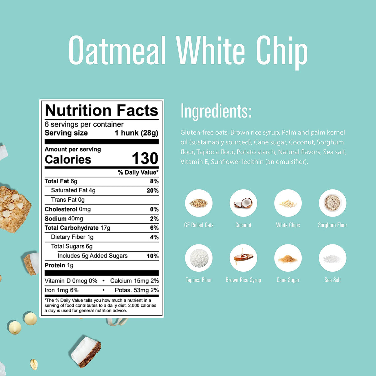 Ingredient spotlight showing oats, coconut, and white chips in Heavenly Hunks cookies.