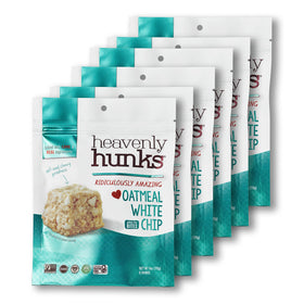 Heavenly Hunks Oatmeal White Chip cookies, perfect for on-the-go vegan snacking.