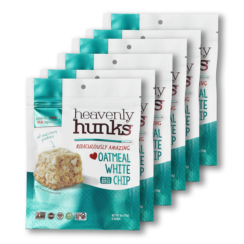 Heavenly Hunks Oatmeal White Chip cookies, perfect for on-the-go vegan snacking.