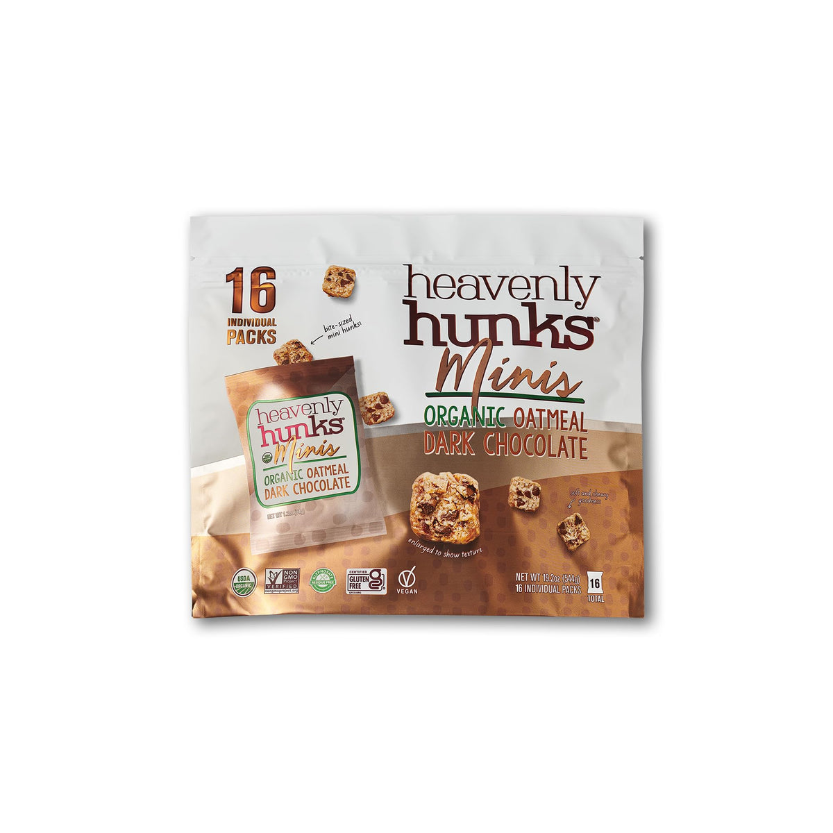 Heavenly Hunks minis bag showing organic oats and chocolate chips for a portable healthy snack