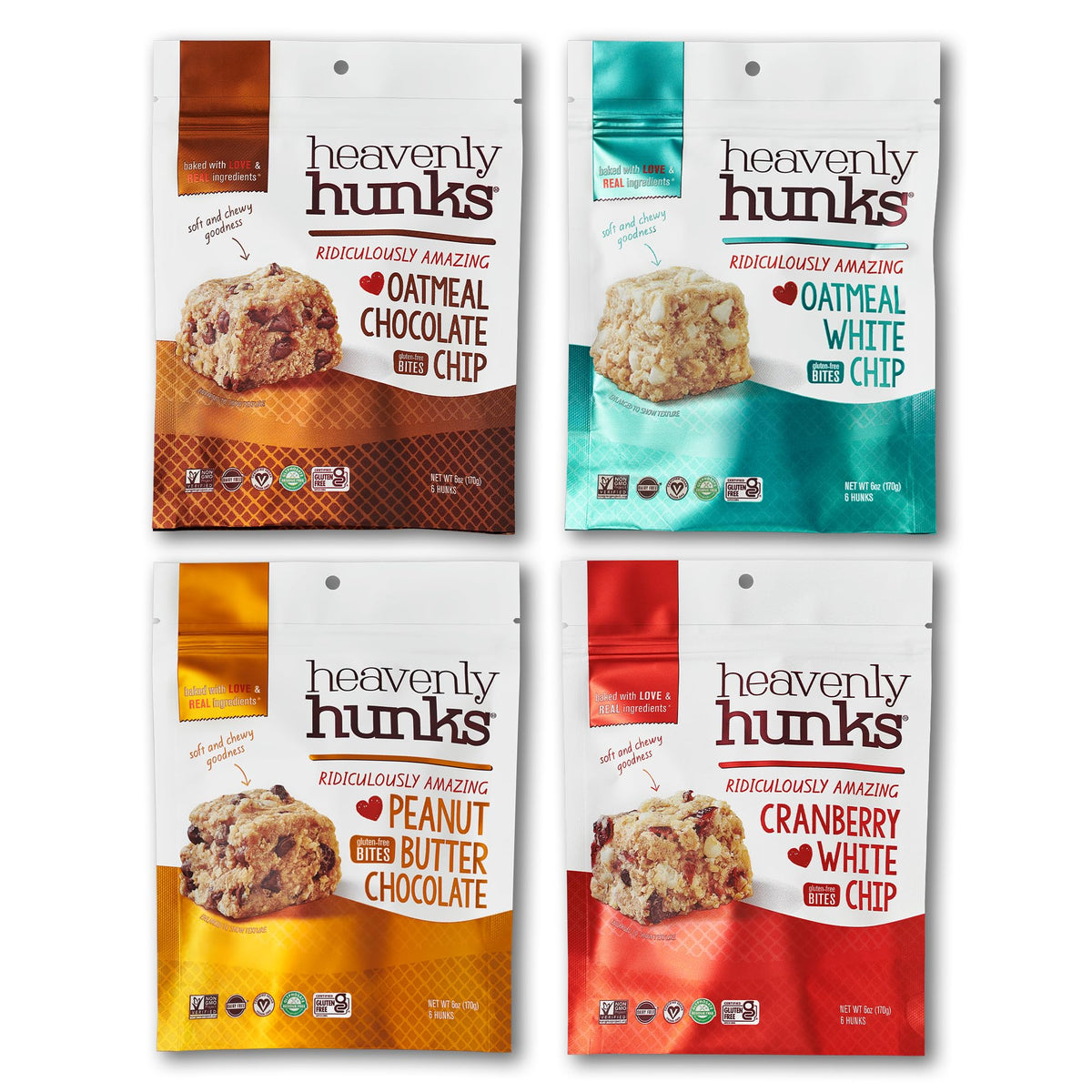 Heavenly Hunks variety pack front view, convenient 4-pack snack for on-the-go cravings.
