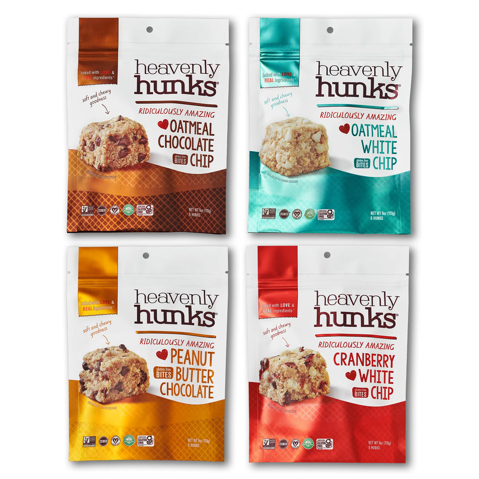 Heavenly Hunks variety pack front view, convenient 4-pack snack for on-the-go cravings.