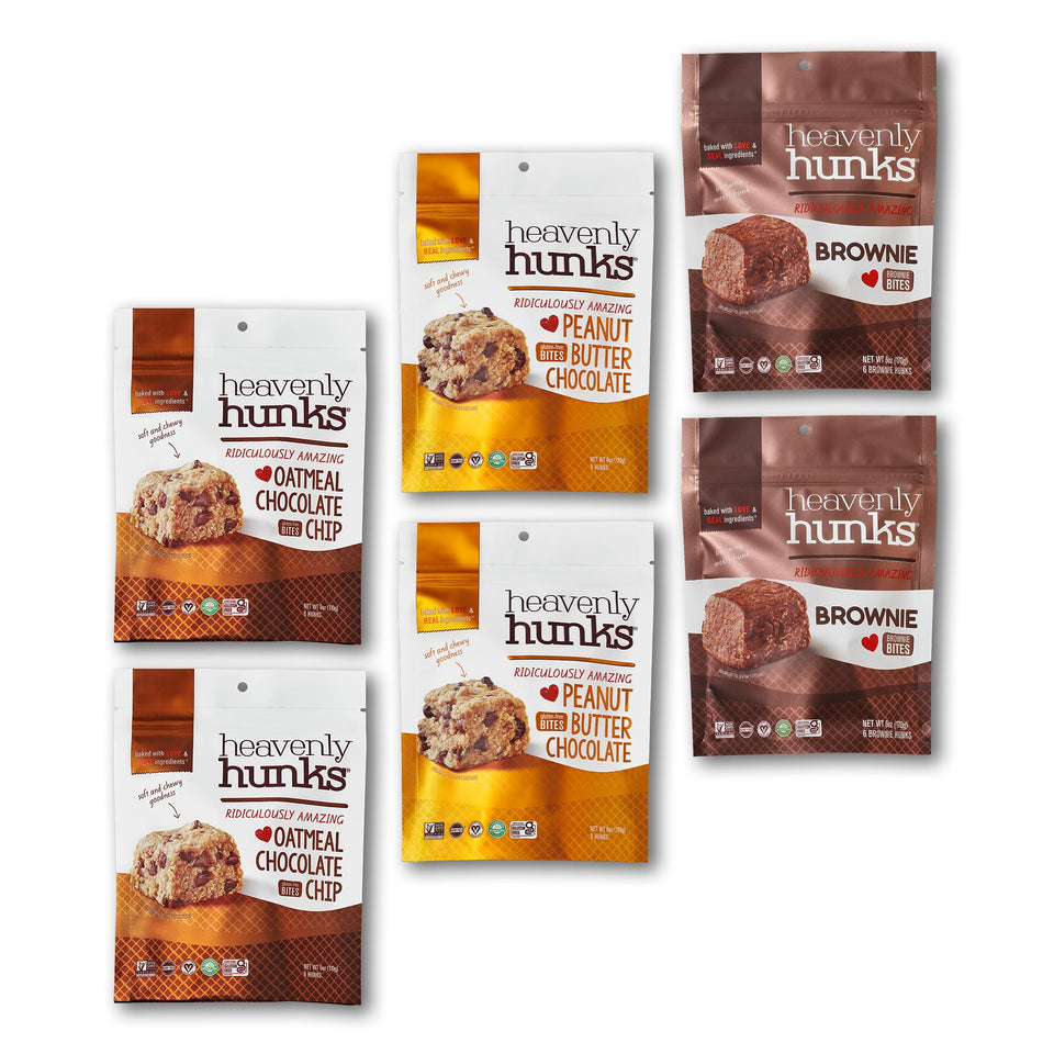 Heavenly Hunks variety-pack box front showing four flavors, ideal on-the-go snack.