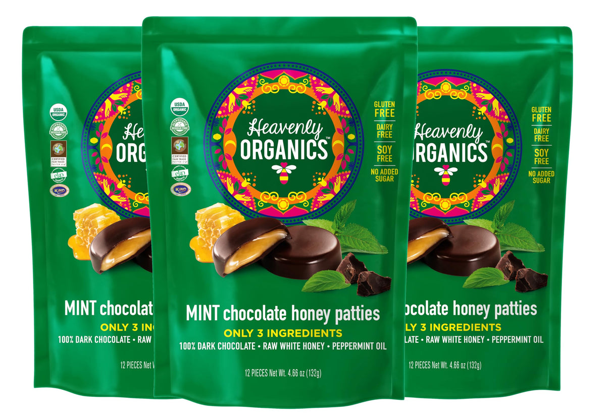 Heavenly Organics Mint Chocolate Honey Patties bags for clean-label snacking