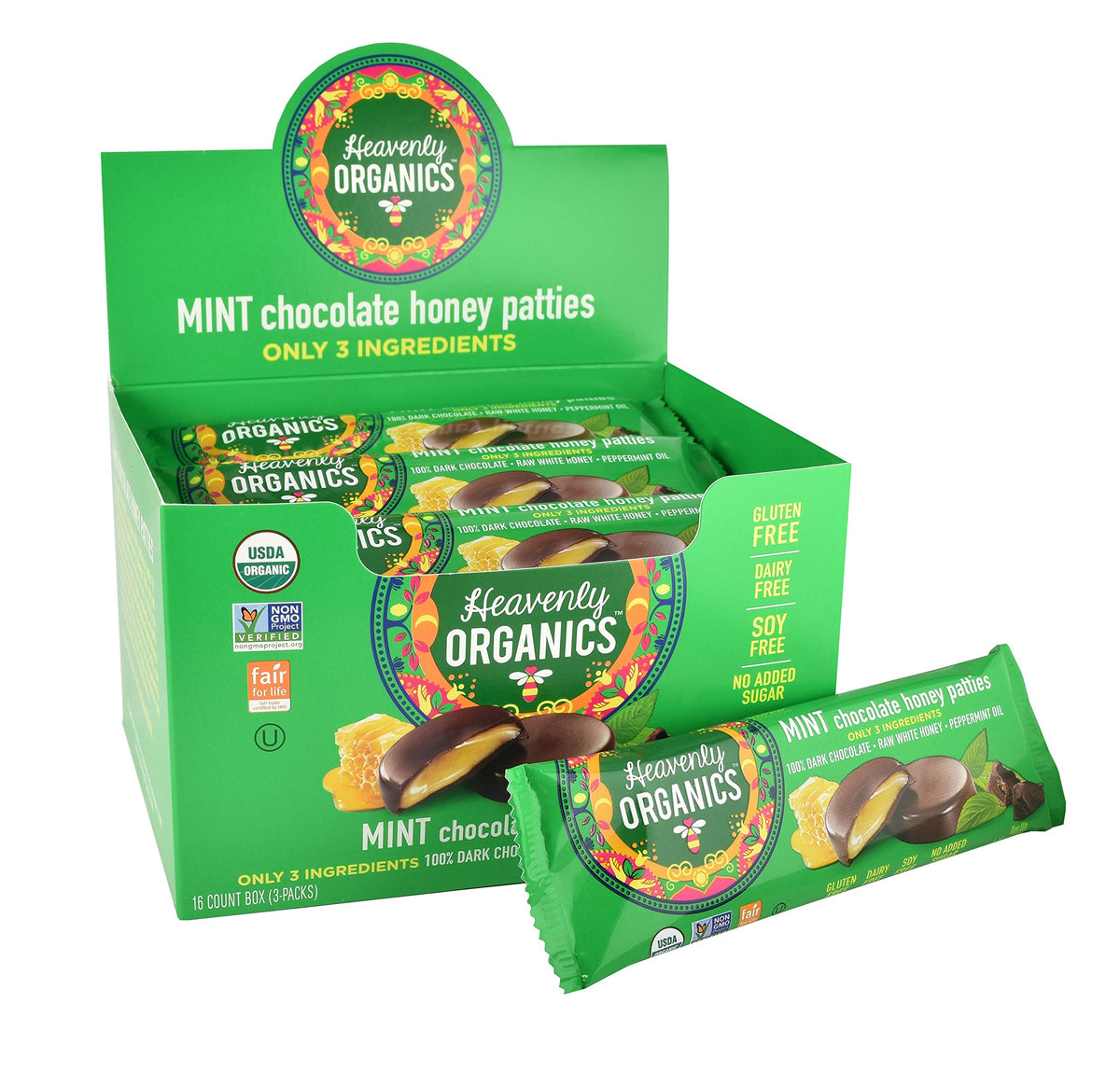 Heavenly Organics mint-chocolate-honey-patties offer dairy-free, gluten-free indulgence with minty chocolate flavor.