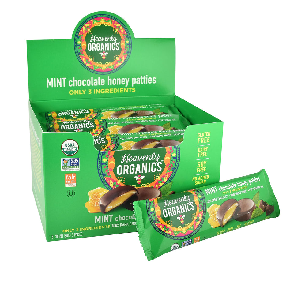 Heavenly Organics mint-chocolate-honey-patties offer dairy-free, gluten-free indulgence with minty chocolate flavor.