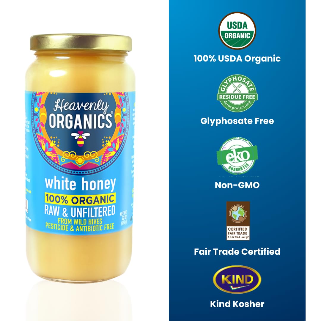 Heavenly Organics raw white honey creamy texture ideal for desserts, toast, and tea