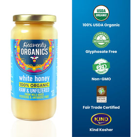 Heavenly Organics raw white honey creamy texture ideal for desserts, toast, and tea
