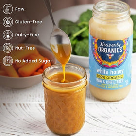 Drizzling Heavenly Organics raw white honey to highlight smooth viscosity for tea and pastries