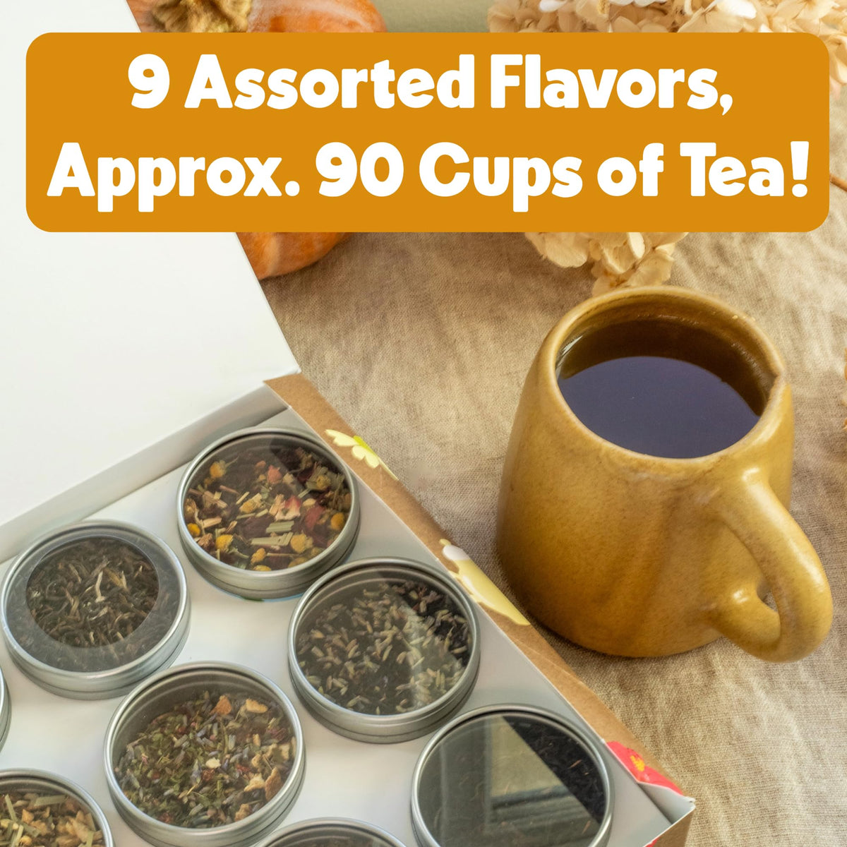Heavenly Tea Leaves sampler yields about 90 cups across nine blends.