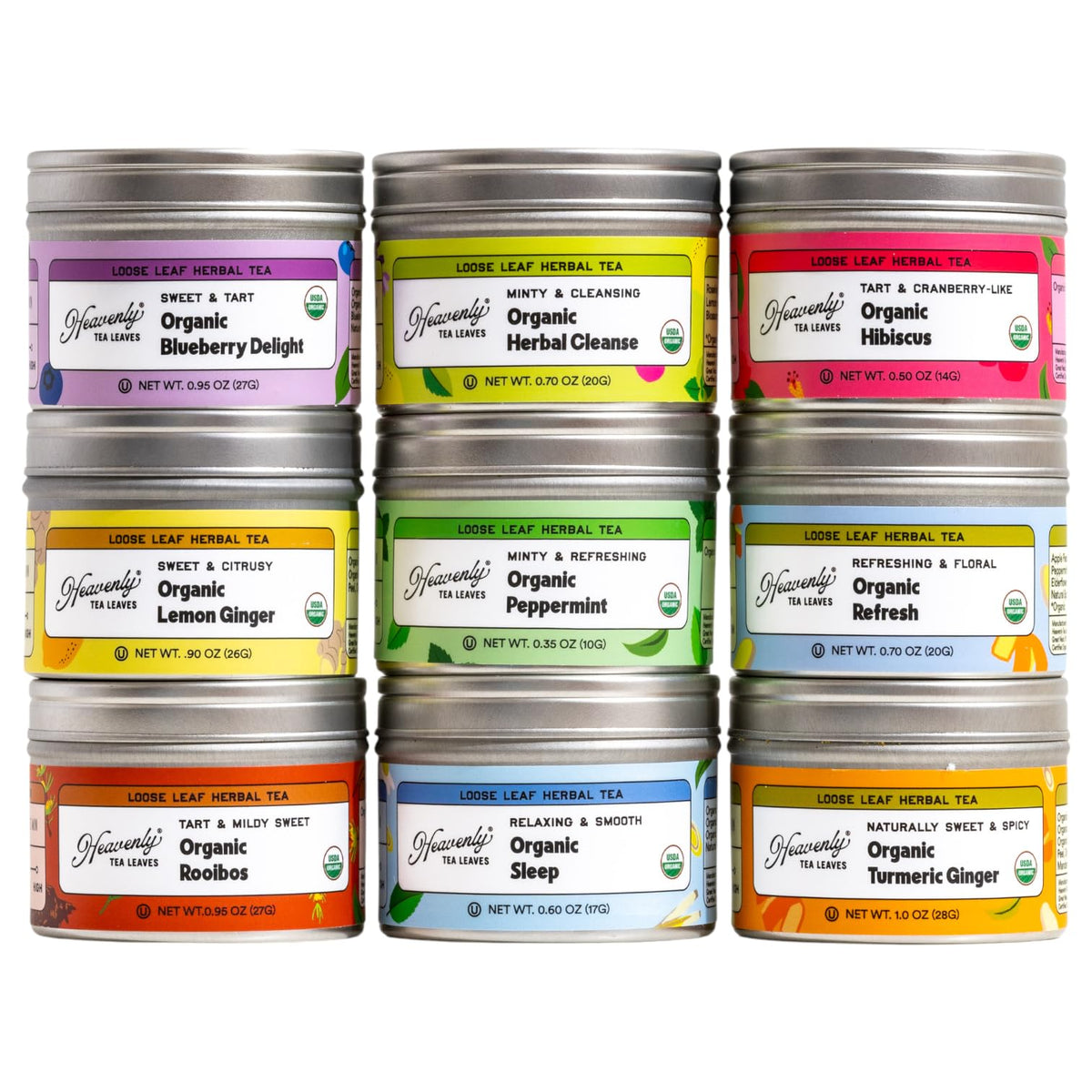 Heavenly Tea Leaves nine-flavor tea assortment shown for home tasting variety.