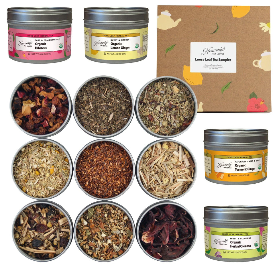 Heavenly Tea Leaves organic herbal sampler box allows exploring nine caffeine-free blends.