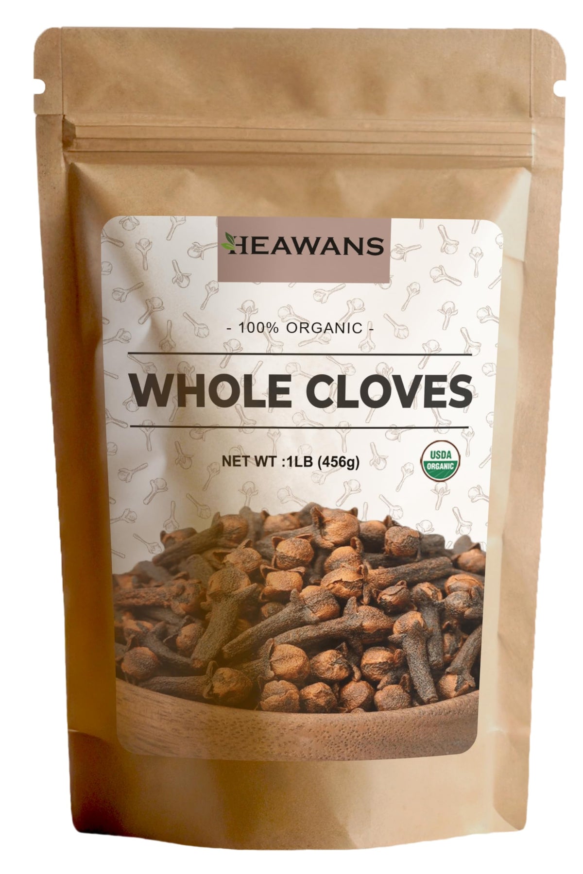 Heawans organic premium whole cloves in a 1lb bag, ideal for spice blends.