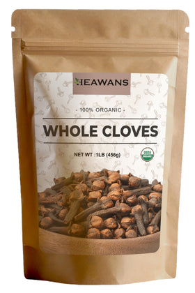 Heawans organic premium whole cloves in a 1lb bag, ideal for spice blends.