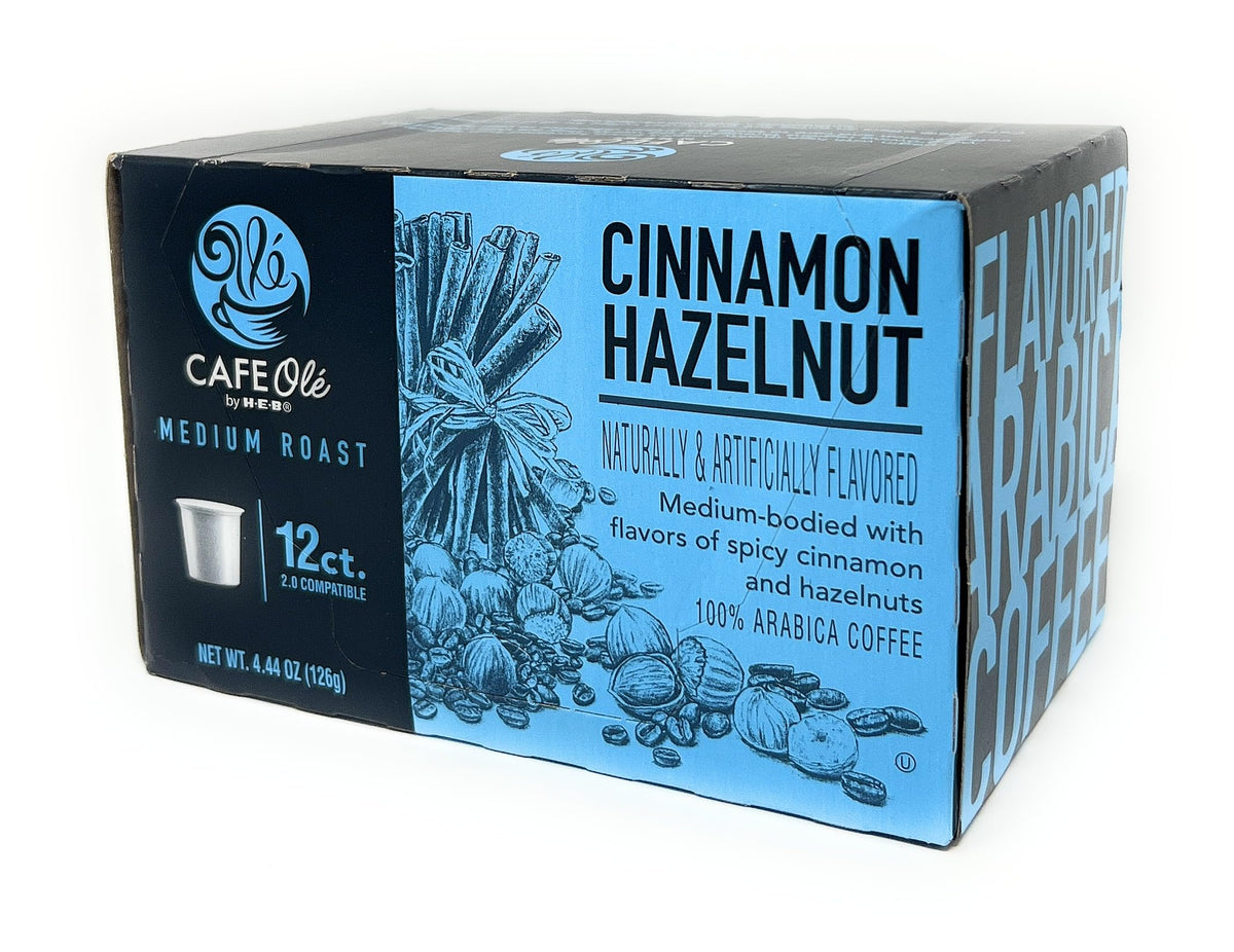 HEB Cafe Ole Cinnamon Hazelnut K-Cup 12-count, rich aroma for a comforting morning routine.