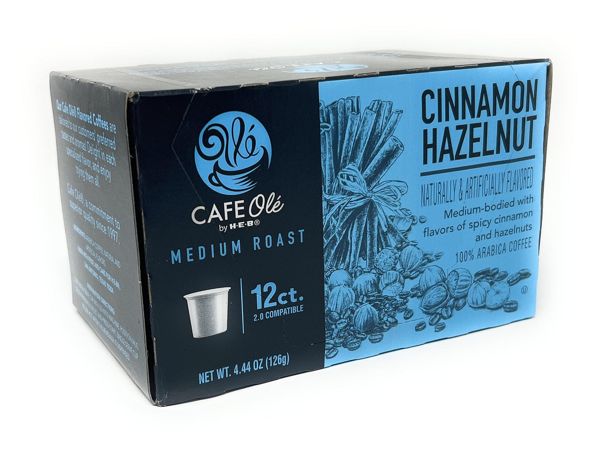 HEB Cafe Ole Cinnamon Hazelnut K-Cups packaging, easy single-serve convenience for busy days.
