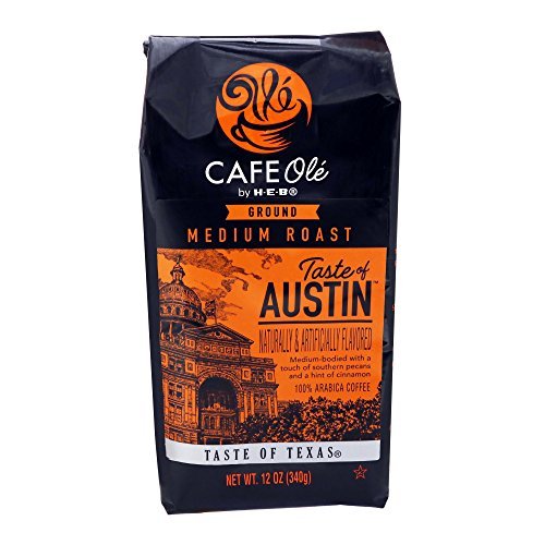 HEB Cafe Ole ground coffee with pecans and cinnamon, ideal for a smooth morning cup.