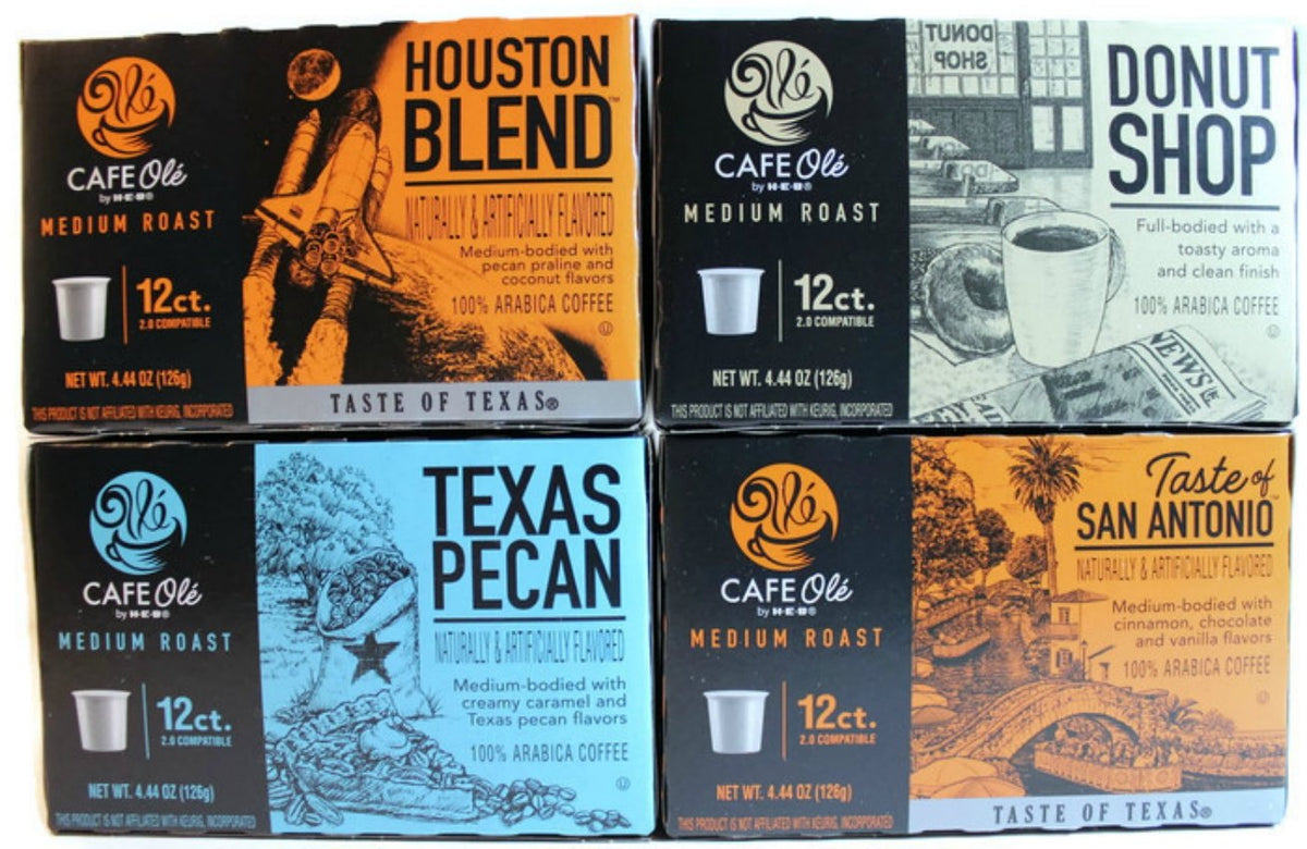H-E-B Cafe Ole variety single-serve coffee cups, pack of four 12-count boxes, ideal for quick home brew