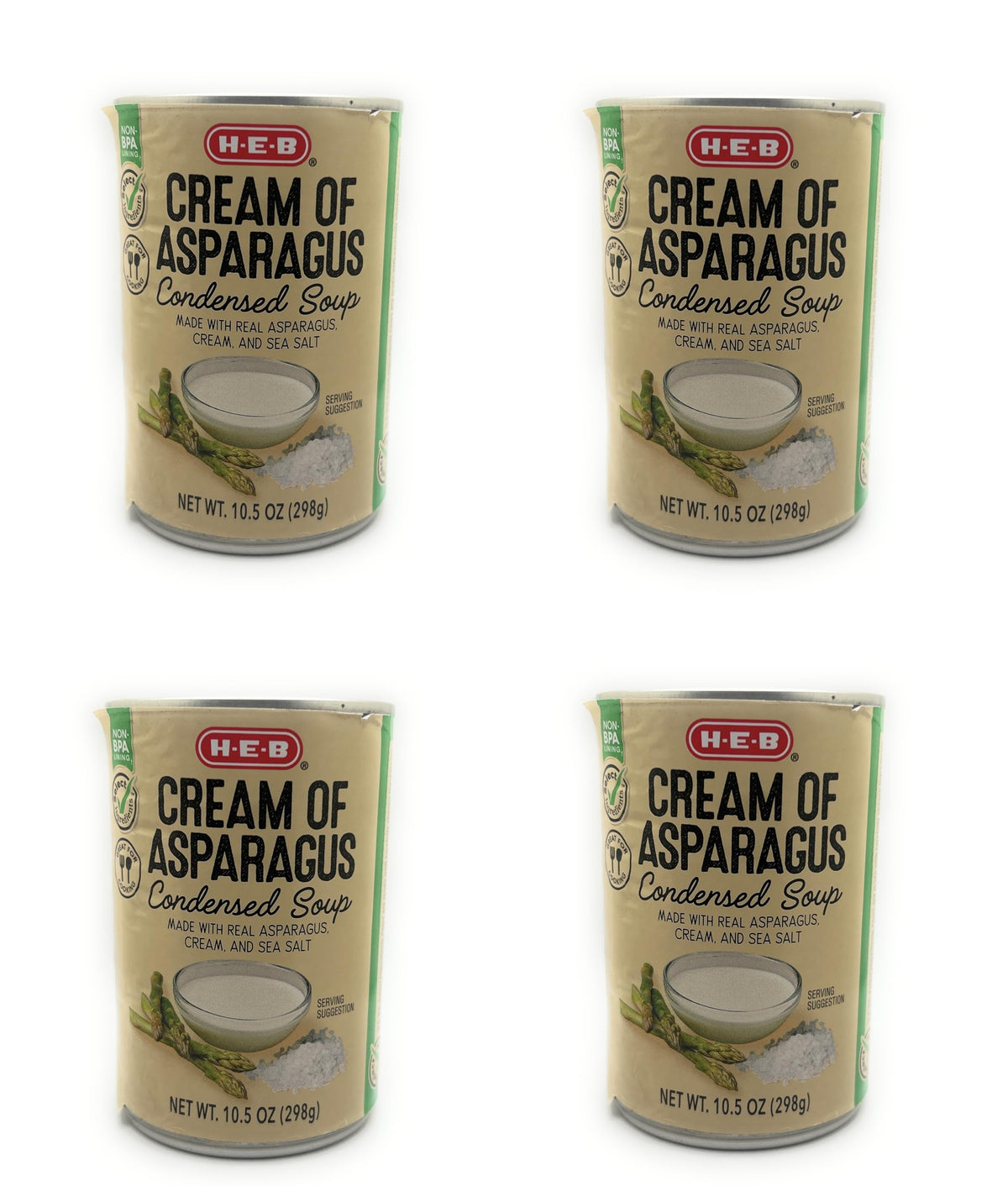 HEB Cream of Asparagus Condensed Soup four-cans pack for easy pantry meals.