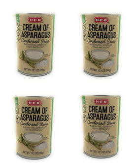 HEB Cream of Asparagus Condensed Soup four-cans pack for easy pantry meals.