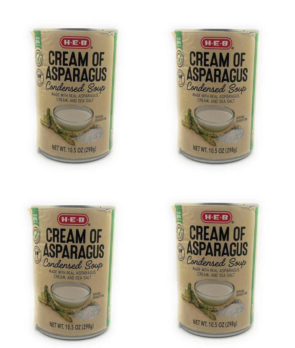 HEB Cream of Asparagus Condensed Soup four-cans pack for easy pantry meals.
