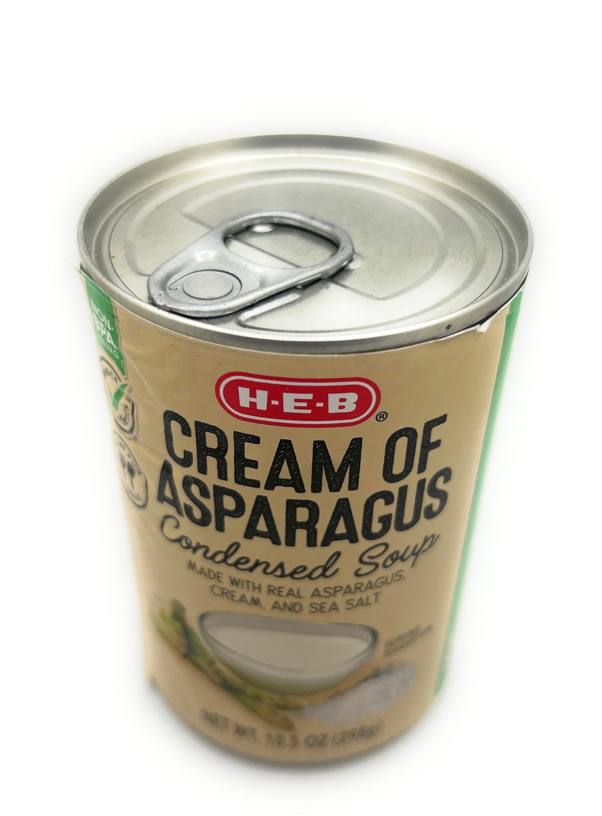 HEB Cream of Asparagus Condensed Soup real asparagus detail highlights fresh flavor.