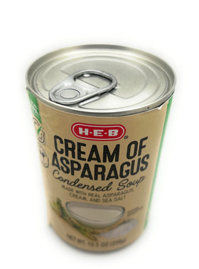 HEB Cream of Asparagus Condensed Soup real asparagus detail highlights fresh flavor.