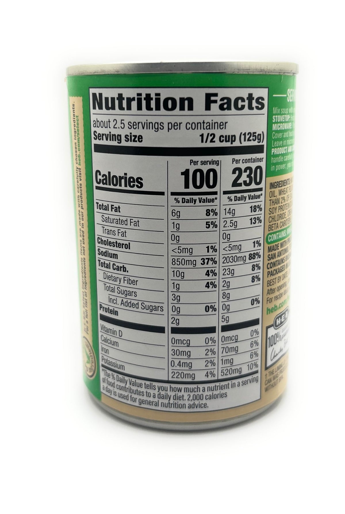 HEB Cream of Asparagus Condensed Soup serving-ready cans for quick lunches.