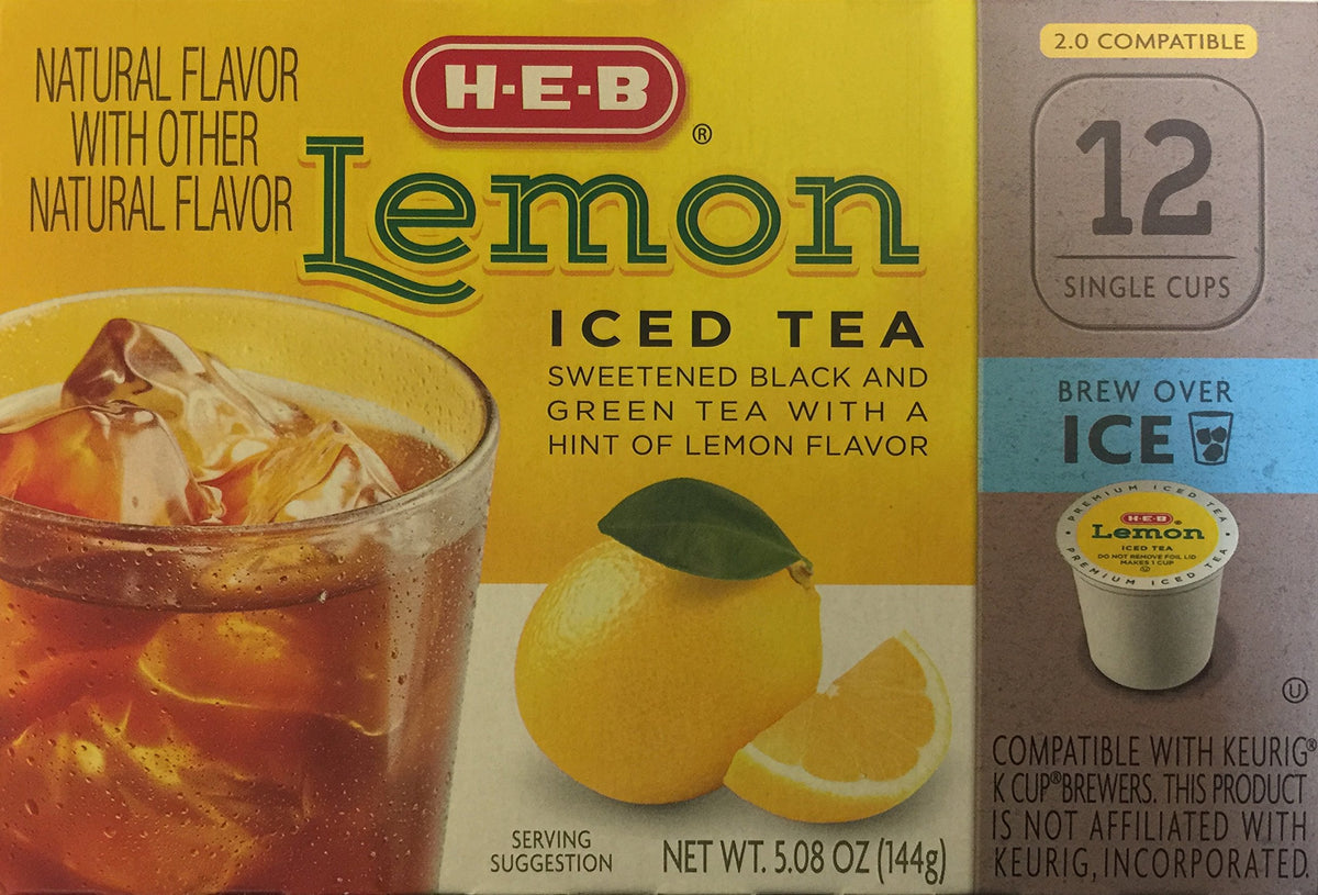 Glass of HEB Lemon Iced Tea poured over ice with lemon slice