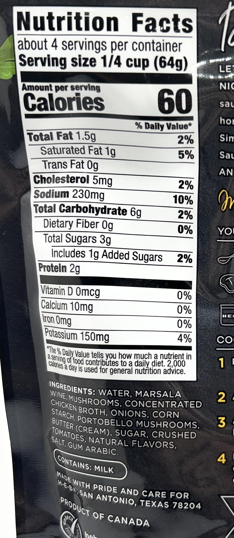 Close-up of HEB Marsala sauce mix packaging, highlighting convenient pantry staple.