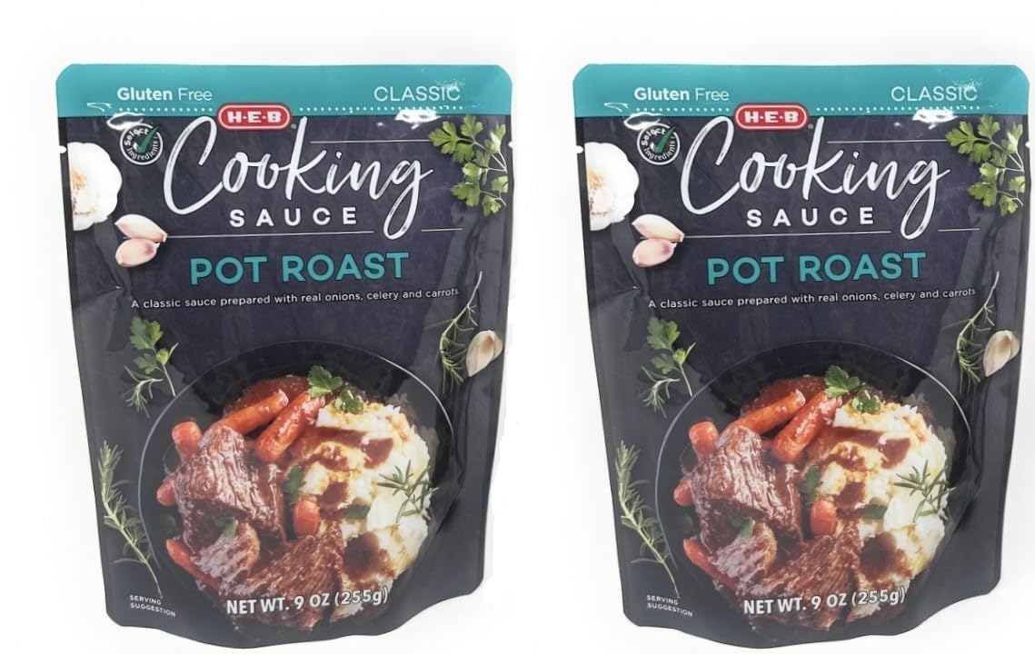 HEB Pot Roast Cooking Sauce Mix 2-Pack shown for quick, flavorful weeknight meals.