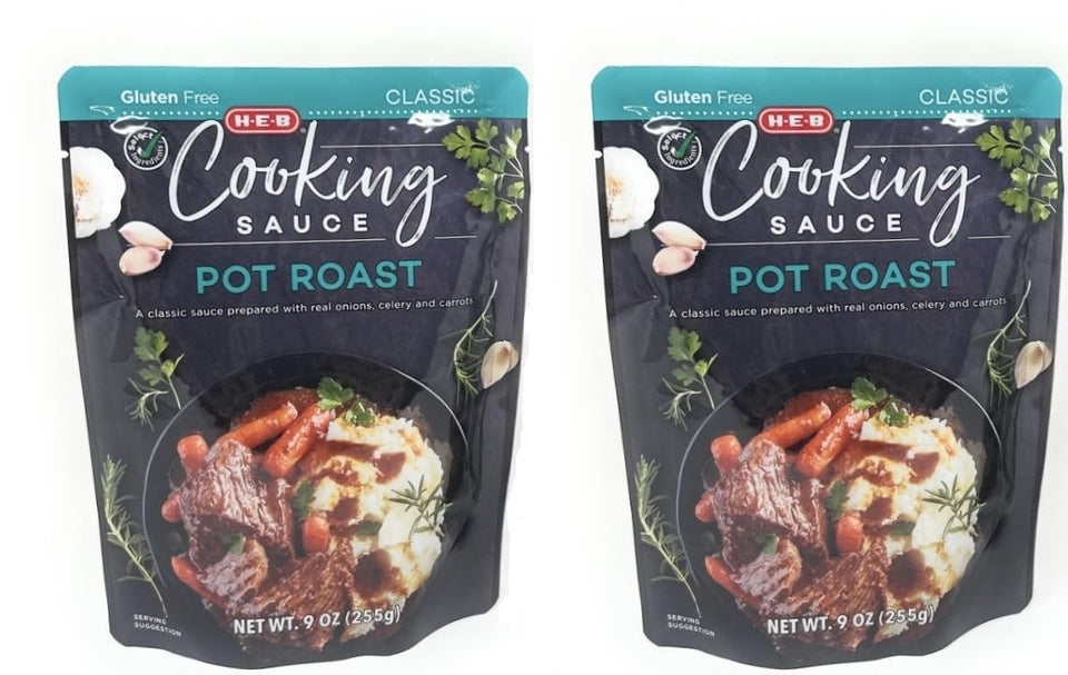 HEB Pot Roast Cooking Sauce Mix 2-Pack shown for quick, flavorful weeknight meals.