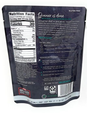 HEB Pot Roast Cooking Sauce Mix packaging label highlights shelf-stable pantry convenience.