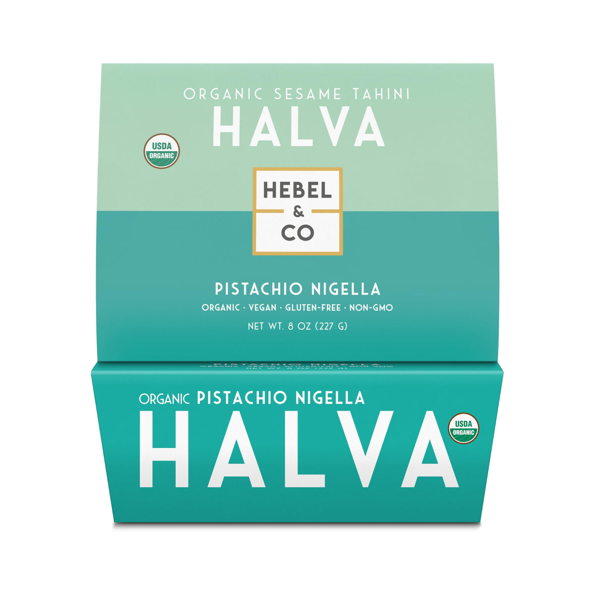 HEBEL & CO Pistachio Nigella Halva 8oz packaging highlights premium ingredients for gift-ready options.