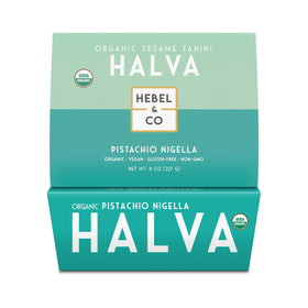 HEBEL & CO Pistachio Nigella Halva 8oz packaging highlights premium ingredients for gift-ready options.