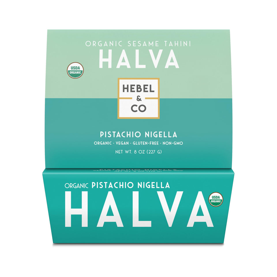 HEBEL & CO Pistachio Nigella Halva 8oz packaging highlights premium ingredients for gift-ready options.