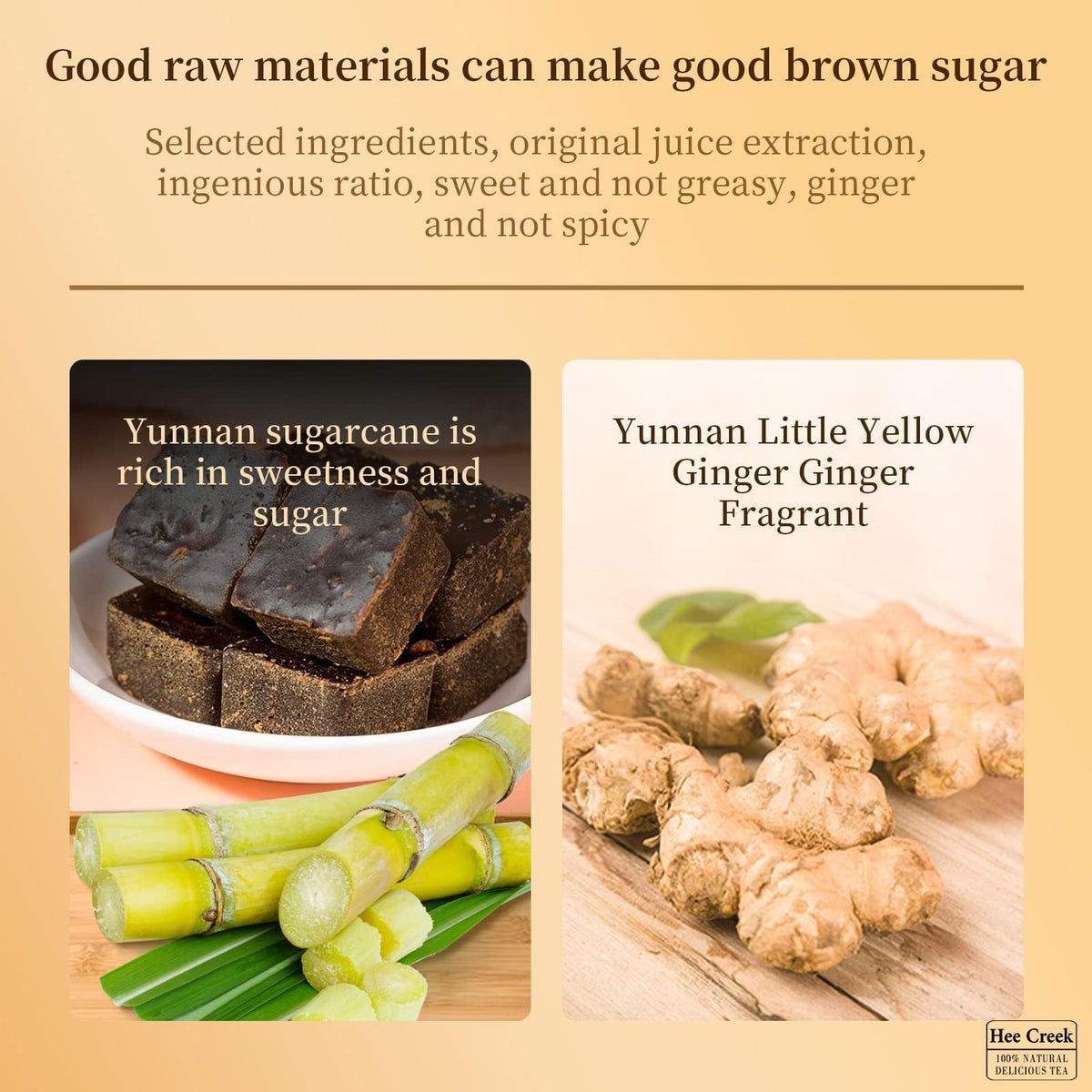 Hee Creek brown sugar ginger tea cubes close-up shows natural textures.