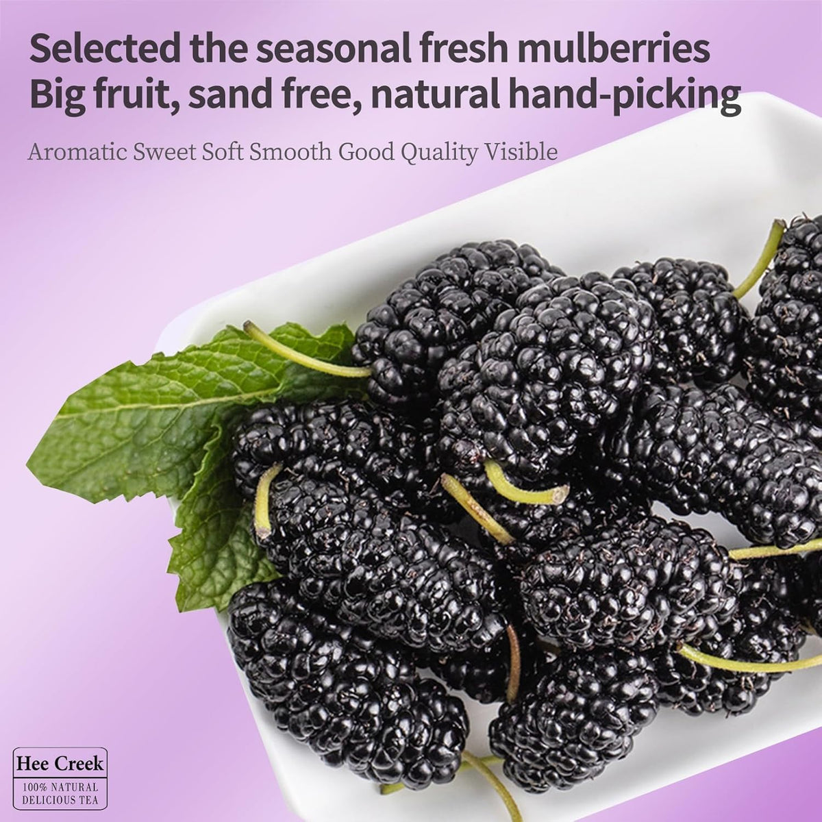 Hee Creek Top Grade dried mulberries in a resealable jar, perfect for pantry storage.