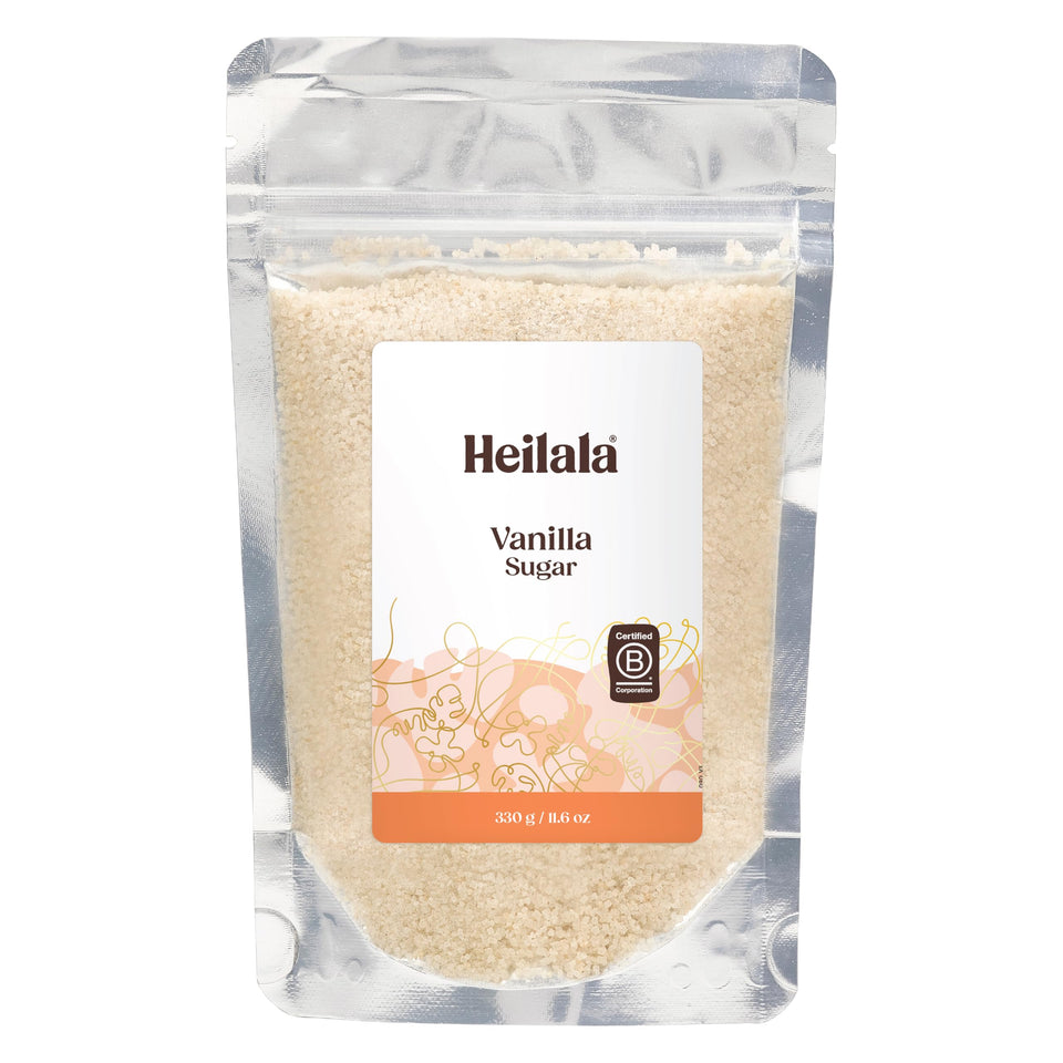 Heilala Pure Vanilla Sugar jar front shows vanilla infusion for richer baking.