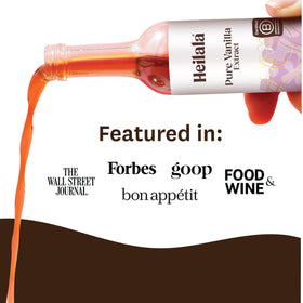 Heilala vanilla extract label closeup highlights quality and notes for gourmet desserts.
