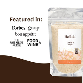 Heilala vanilla sugar crystal closeup highlights real vanilla specks and aroma.