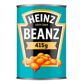 HEINZ Baked Beans 415g cans on shelf, convenient pantry staple