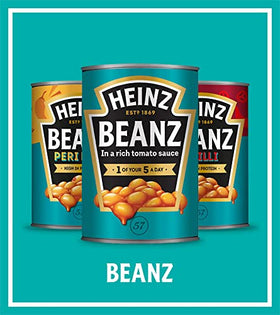 UK-made Heinz Baked Beanz pack displayed on a kitchen counter.