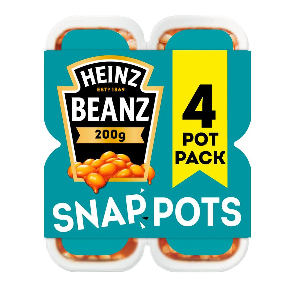 Heine Beans Snap Pots 4-count 800g pack shot, convenient portions for quick meals.