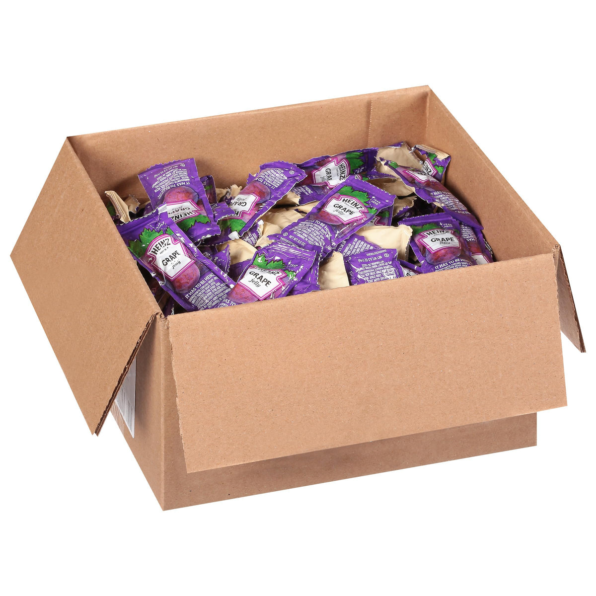 Cafeteria display featuring Heinz Grape Jelly packets for self-serve.