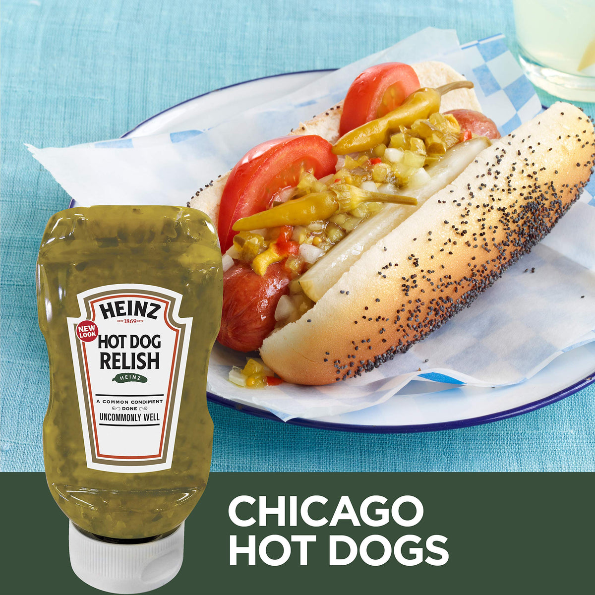 Heinz Hot Dog Relish bottle pour view ideal for dipping and topping.