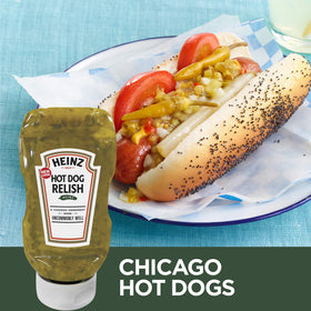 Heinz Hot Dog Relish bottle pour view ideal for dipping and topping.